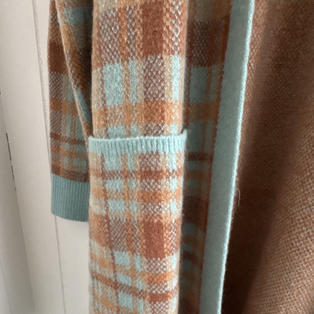Talbots XL Brown/Blue Plaid Knit Wool Cardigan Sweater Long Sleeve Pockets - Picture 6 of 7
